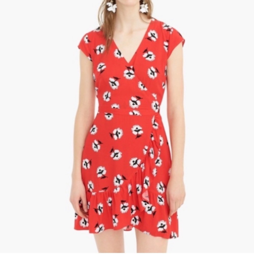 J. Crew Red Floral Ruffle Faux Wrap Dress